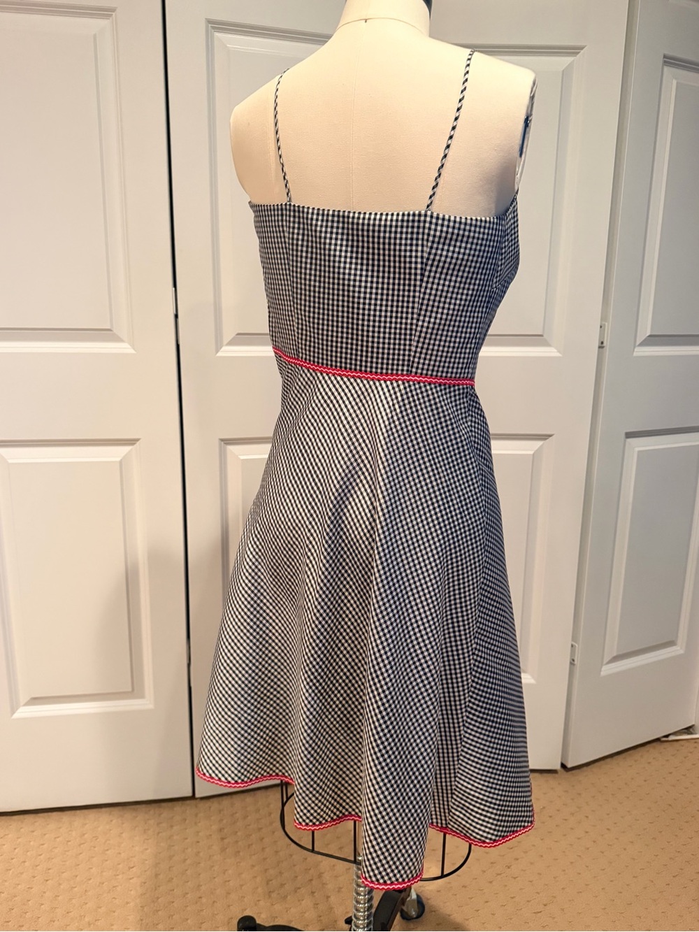 Sleeveless Black & White Gingham Fit-and-Flare Dress with Red  Trim - Picture 3 of 7